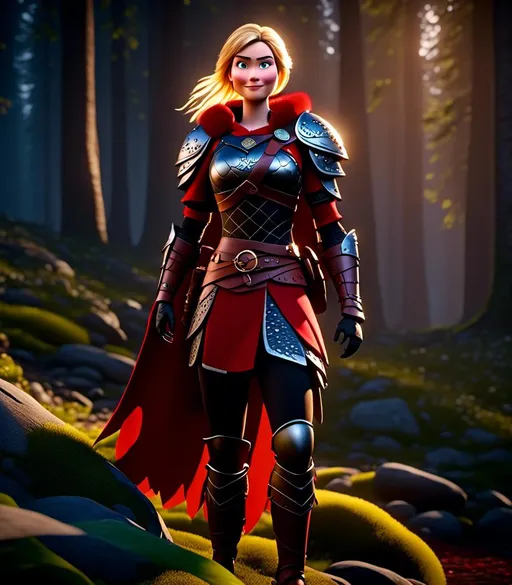 Prompt: <mymodel>CGI Animation, digital art, 20-year-old-old viking woman with light blue eyes standing in a dimly lit forest, blue assassin's creed clothes, red colored armor, blonde straight hair, subtle smile, unreal engine 8k octane, 3d lighting, cinematic lighting, camera shot of full armor from head to toe