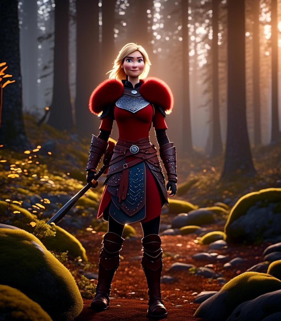 Prompt: <mymodel>CGI Animation, digital art, 20-year-old-old viking woman with light blue eyes standing in a dimly lit forest, blue clothes, red colored armor, blonde straight hair, subtle smile, unreal engine 8k octane, 3d lighting, cinematic lighting, camera shot of full armor from head to toe