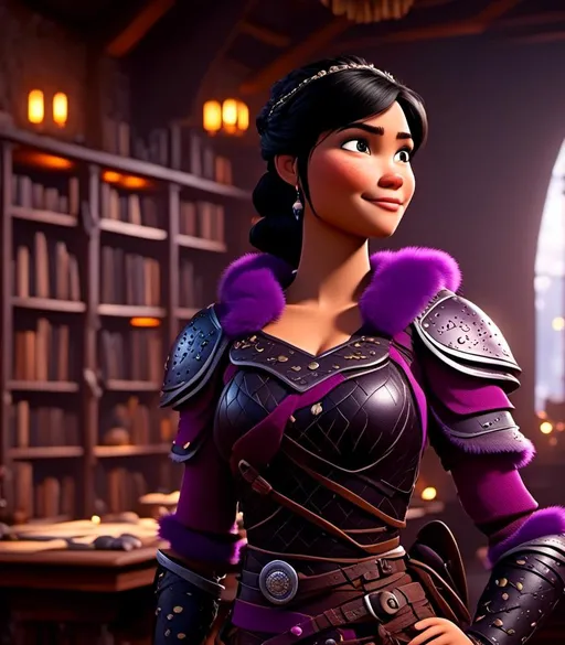 Prompt: <mymodel>CGI Animation, digital art, 20-year-old-old viking woman with light blue eyes, she is standing in her library, she is of royalty, {{black gear, purple armor}}, black hair with purple strands, single braid down her shoulder with a tiara, subtle smile, unreal engine 8k octane, 3d lighting, close up camera shot on the face, full armor