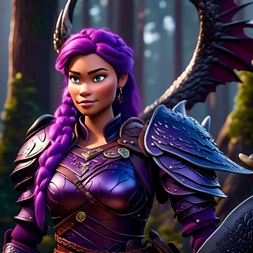 Prompt: <mymodel>a female viking warrior with purple hair, light blue eyes, single braid down shoulder, standing in a forest with her black Razorwhip dragon, adorned in regal purple armor, fierce and determined expression, fully body, cool tones, dramatic lighting, intricate detailing