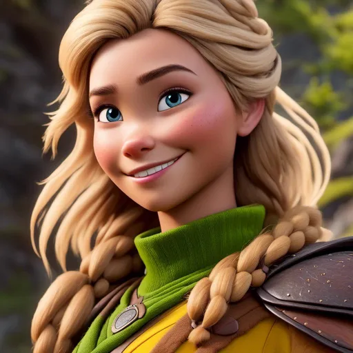 Prompt: <mymodel>CGi Animation, 20-year-old viking woman with two hair braid, subtle smile, blonde hair, blue eyes, green gear, green armor, yellow clothes, yellow textures and highlights, unreal engine 8k octane, 3d lighting, full body, full armor