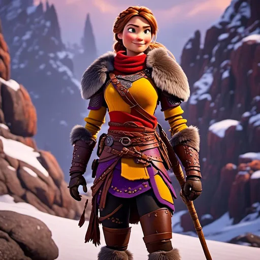 Prompt: <mymodel>CGi Animation, 25-year-old viking woman warrior with yellow eyes, a snowy scene, the viking woman has a subtle smile, brown hair in a braided bun on head, she has red gear, orange armor with bursts of purple textured splotches, black pants, black boots