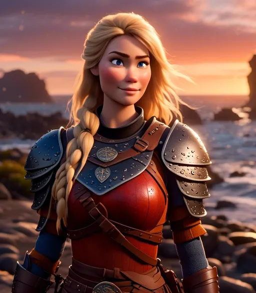 Prompt: <mymodel>CGI Animation, digital art, 20-year-old-old viking woman with blue eyes standing around several hot springs on a beach, ((blue clothes, blue colored armor,)) raining with sunset lighting, blonde straight hair, subtle smile, unreal engine 8k octane, 3d lighting, cinematic lighting, camera shot of full armor from head to toe