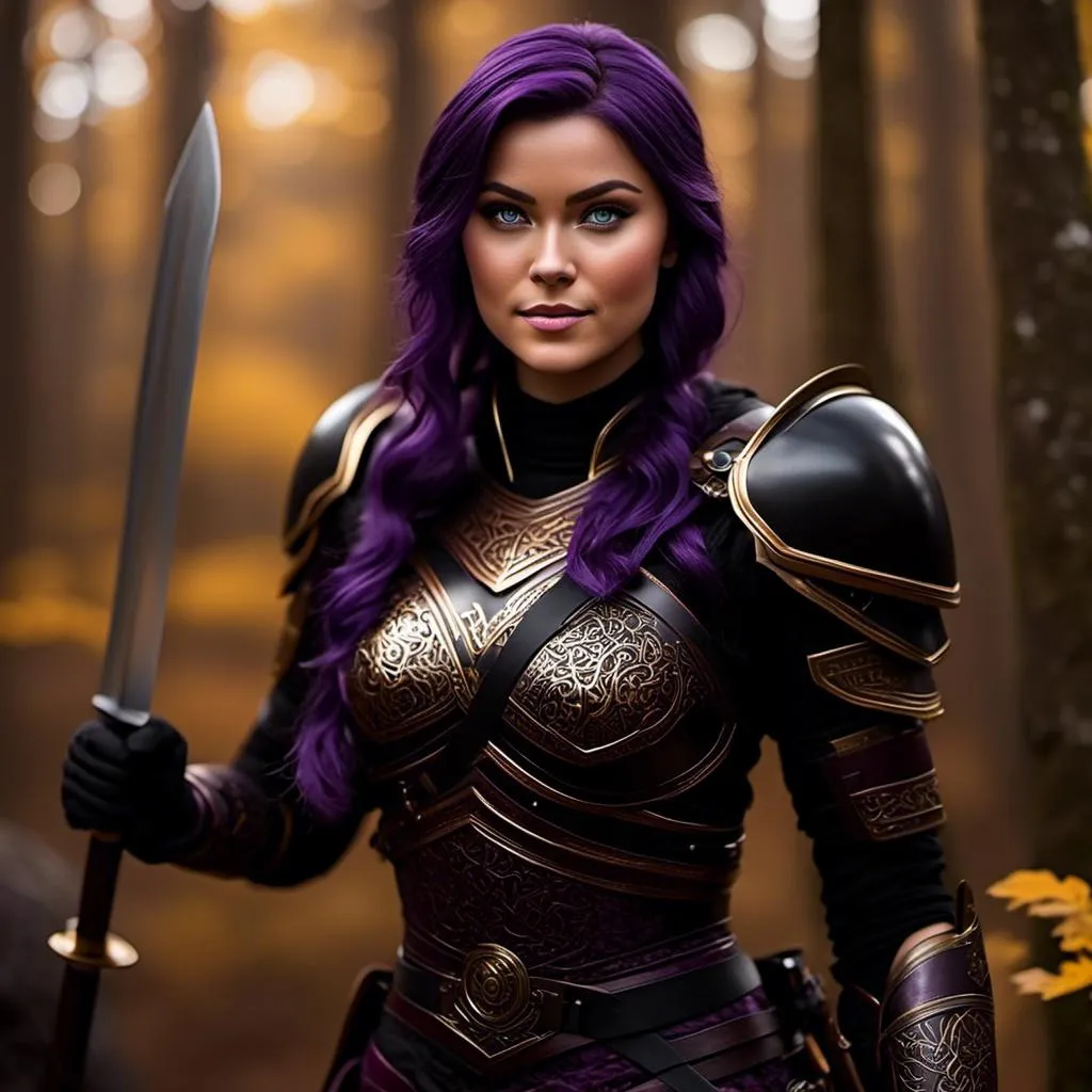 Prompt: <mymodel>25-year-old viking woman, subtle smile, light blue eyes, black gear, bright black armor, wearing an iron-man like suit of armor, black textures and highlights, fighting in the forest in an intense sword battle with Einar Verodfellar, short focus, blurry background, unreal engine 8k octane, 3d lighting, full body, full armor