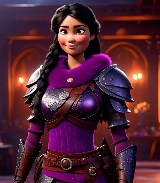 Prompt: <mymodel>CGI Animation, digital art, 20-year-old-old viking woman with light blue eyes, she is standing in her library, she is of royalty, {{black gear, purple armor}}, black hair with purple strands, single braid down her shoulder with a tiara, subtle smile, unreal engine 8k octane, 3d lighting, close up camera shot on the face, full armor