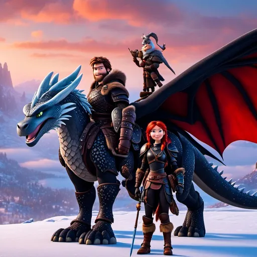 Prompt: <mymodel>CGI animation, 40-year-old woman, white dragon with light blue highlights, red hair, dreadlocks, braids, light blue eyes, black gear, black armor, standing on a snowy plain with her white dragon