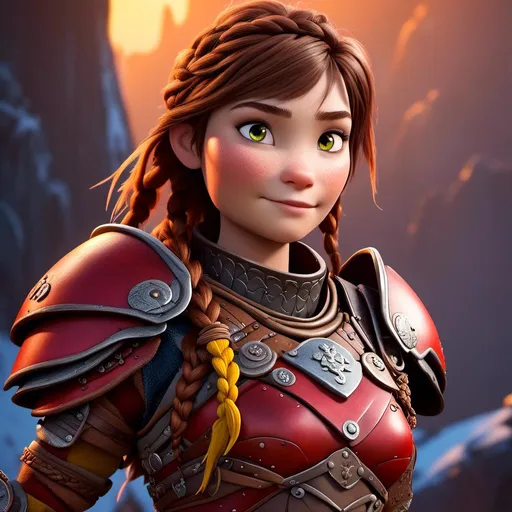 Prompt: <mymodel>CGI Animation of a viking female, brown hair with some braids, hazel eyes, bright red gear and armor, yellow highlights and textures, intricate details, high quality, digital painting, cool tones, dramatic lighting