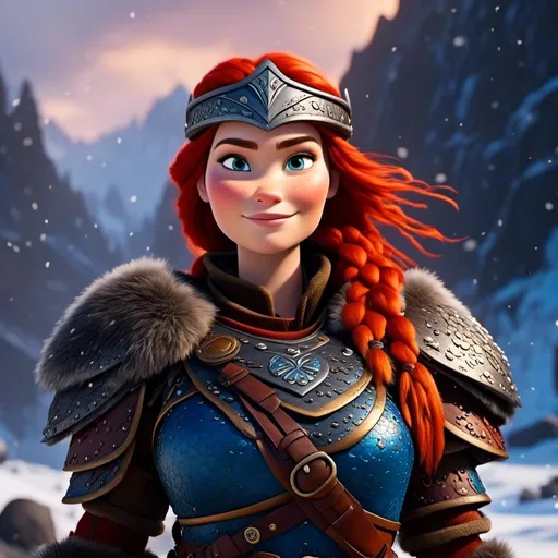 Prompt: <mymodel>CGi Animation, 25-year-old viking woman warrior with blue eyes, a snowy scene, the viking woman has a subtle smile, red hair, she has red gear, gold armor with bursts of blue textured splotches, black pants, black boots