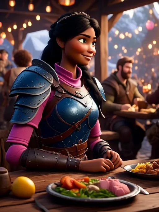 Prompt: <mymodel>CGI Animation, digital art, 20-year-old-old viking woman of royalty standing a busy tavern having a meal with a woman friend, {{pink gear, blue armor}}, black hair, straight hair with a tiara, subtle smile, unreal engine 8k octane, 3d lighting, close up camera shot on the face, full armor