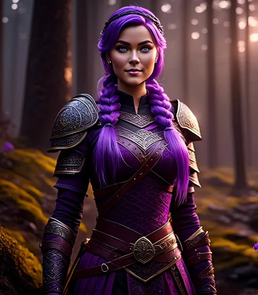 Prompt: <mymodel>CGI Animation, digital art, 20-year-old-old viking woman with light blue eyes, she is overjoyed, purple hair with purple strands, standing in a dimly lit forest, single braid down her shoulder with a tiara, unreal engine 16k octane, 3d lighting, full armor