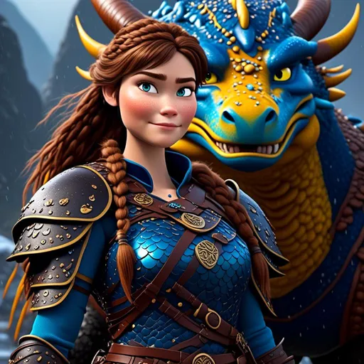 Prompt: <mymodel>CGi Animation, 20-year-old viking woman with blue eyes, a rainy scene, she is standing next to a bright blue dragon with gold highlights, they are both in the rain, the viking woman has a subtle smile, brown hair with two pigtail braids, she has blue gear, gold armor, black pants, black boots