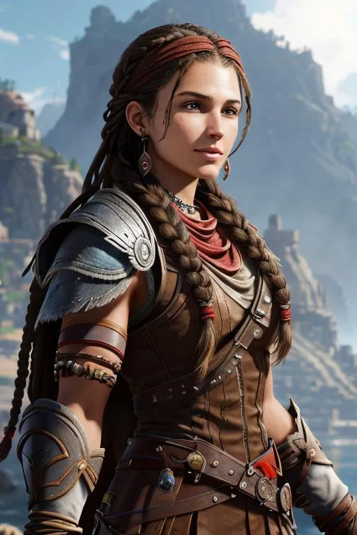 Prompt: Digital Art, 20-year-old pirate woman, red bandana around hair above forehead, muscular build, brown gear, brown pants, assassin's creed Odyssey armor, jeweled hair band, brunette hair, dreadlocks, subtle smile, beads hair, small red earrings, multiple braids, straight hair, blue eyes, bracelets, rings on fingers, mercenary gear, unreal engine 8k octane, 3d lighting, full body, full armor