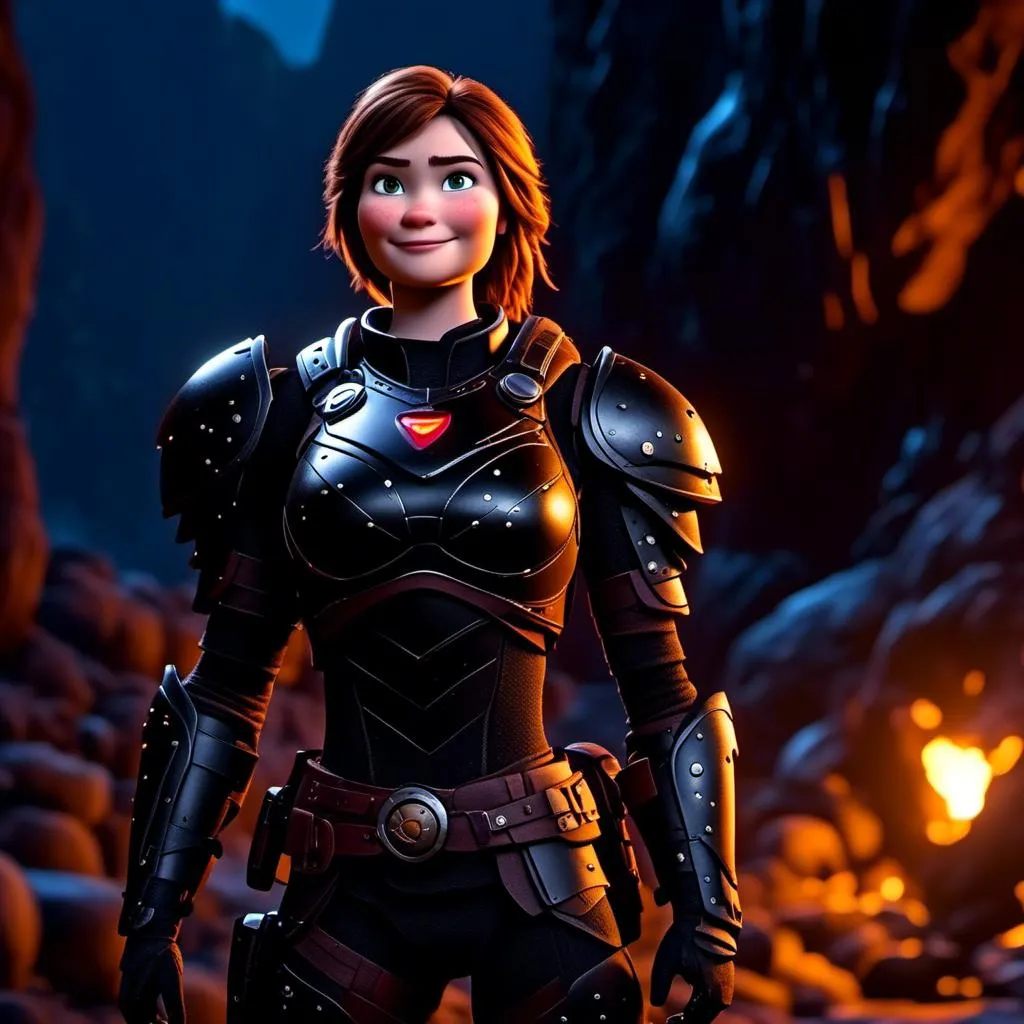 Prompt: <mymodel>25-year-old viking woman, subtle smile, light blue eyes, black gear, bright black armor, wearing an iron-man like suit of armor, black textures and highlights, standing in the shadows of the a dark cave at night, short focus, blurry background, moonlit scene, unreal engine 8k octane, 3d lighting, full body, full armor