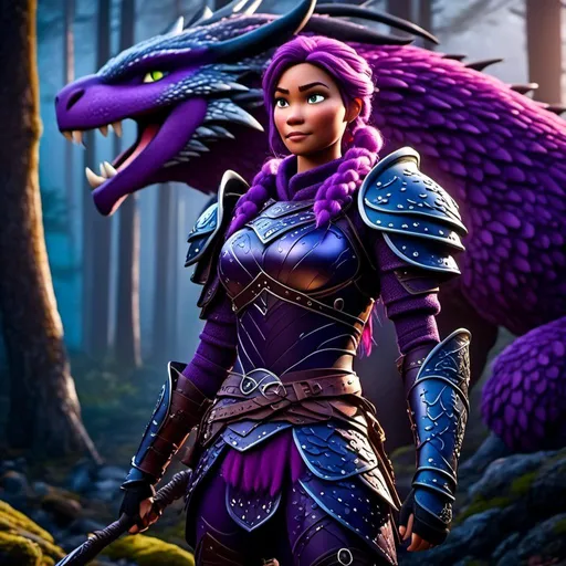 Prompt: <mymodel>a female viking warrior with purple hair, light blue eyes, single braid down shoulder, standing in a forest with her black Razorwhip dragon, adorned in regal purple armor, fierce and determined expression, fully body, cool tones, dramatic lighting, intricate detailing
