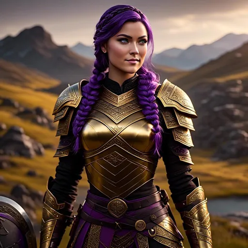 Prompt: create <mymodel> with vibrant colors, subtle smile, 23-year-old woman viking, dark purple hair, one braid, black pants, light blue eyes, cut over left eye to on cheekbone, black gear, gold armor, unreal engine 8k octane, 3d lighting, full body, full armor