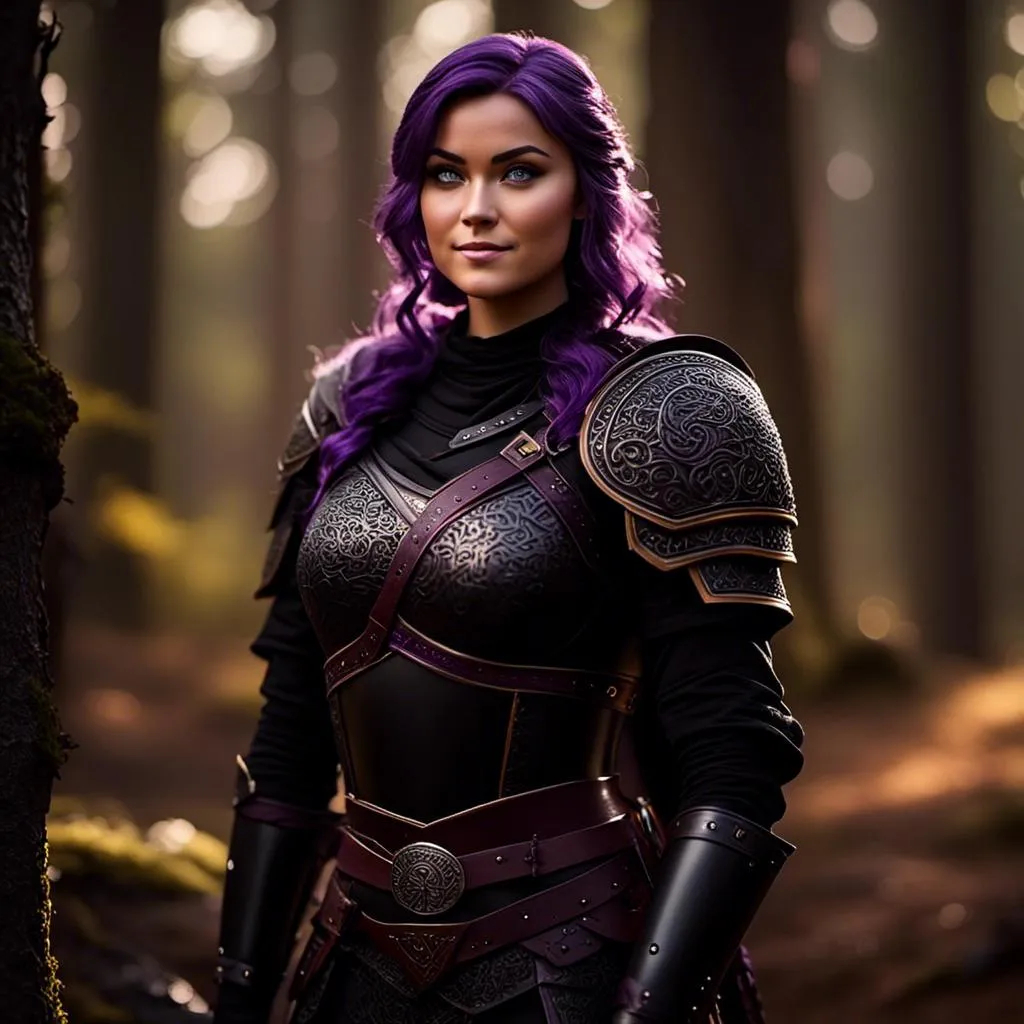 Prompt: <mymodel>25-year-old viking woman, subtle smile, light blue eyes, black gear, bright black armor, black textures and highlights, standing in the shadows of the forest, short focus, blurry background, unreal engine 8k octane, 3d lighting, full body, full armor