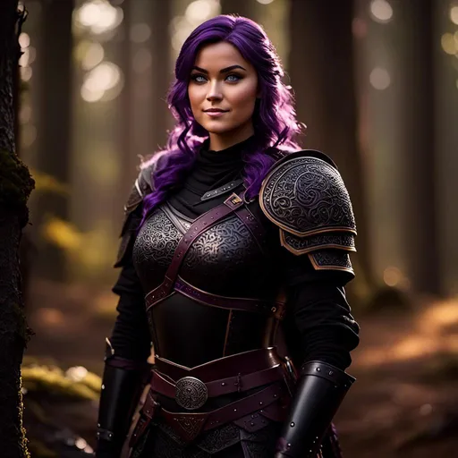 Prompt: <mymodel>25-year-old viking woman, subtle smile, light blue eyes, black gear, bright black armor, black textures and highlights, standing in the shadows of the forest, short focus, blurry background, unreal engine 8k octane, 3d lighting, full body, full armor