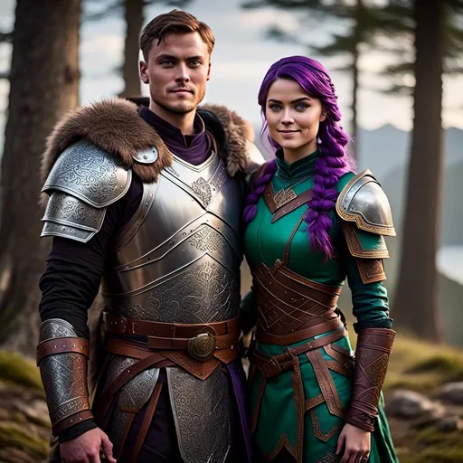 Prompt: Photo of <mymodel> standing next to her young husband Jarl Mollerson who has green gear and silver armor and ((short brown hair)), she is slightly shorter than him, Jarl Mollerson has a young looking face