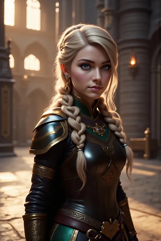 Prompt: Photo of <mymodel> standing in The Great Hall from How to Train Your Dragon, she has blonde hair