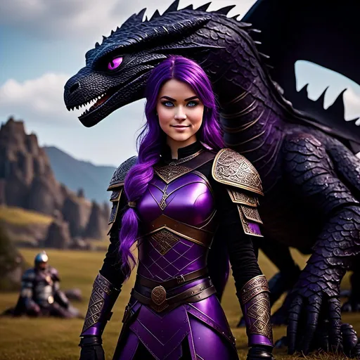 Prompt: Photo of <mymodel> standing next to her black razorwhip dragon from "How to Train Your Dragon"