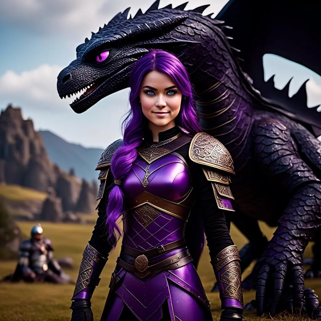 Prompt: Photo of <mymodel> standing next to her black razorwhip dragon from "How to Train Your Dragon"