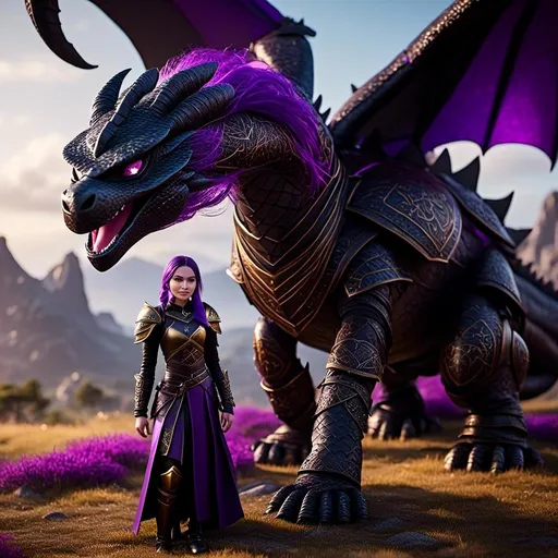 Prompt: Photo of <mymodel> standing next to her black razorwhip dragon from "How to Train Your Dragon"