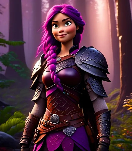 Prompt: <mymodel>CGI Animation, digital art, 20-year-old-old viking woman of royalty standing in a dimly lit thick forest with trees everywhere, dense fog, light blue eyes, {{black gear, purple armor}}, purple hair, single braid down her shoulder with a tiara, subtle smile, black dragon with metal scales, light blue eyes, unreal engine 8k octane, 3d lighting, close up camera shot on the face, full armor