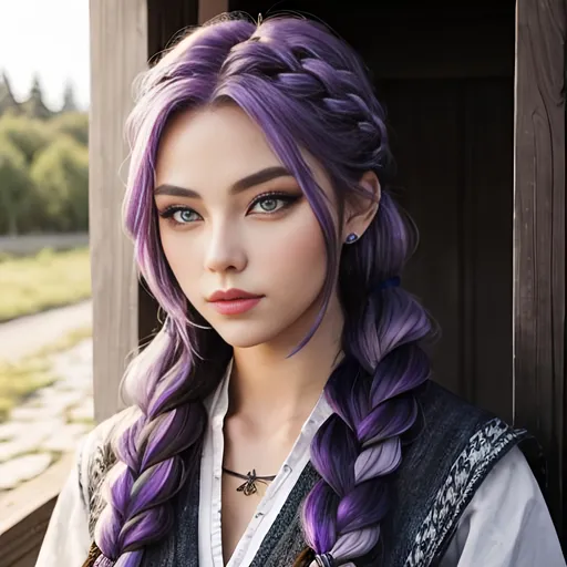 Prompt: a photo of <mymodel>, a viking female, purple hair in a single braid, age of 25-years-old