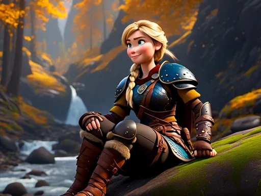 Prompt: <mymodel>CGi Animation, 20-year-old viking woman with blue eyes, she is wearing a helmet, a rainy scene, she is sitting on a boulder in a forest, the viking woman has a subtle smile, blonde hair in a ponytail style, she has blue gear, gold armor, black pants, black boots