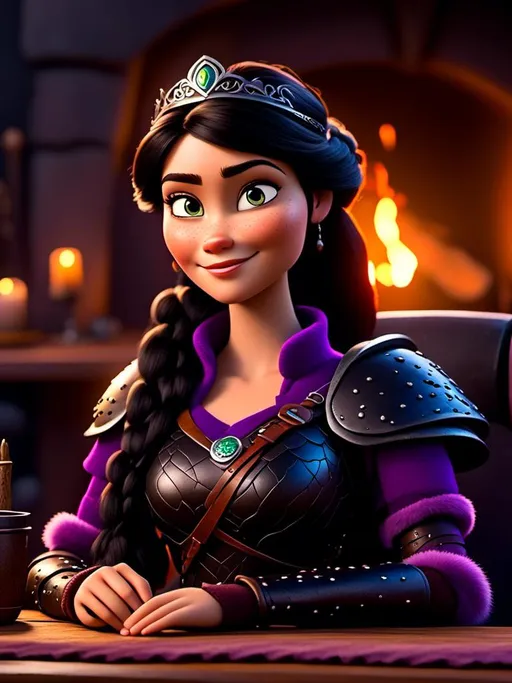 Prompt: <mymodel>CGI Animation, digital art, 20-year-old-old viking woman of royalty sitting at a desk in her home in the living room next to the fireplace, {{{blue eyes}}}, {{black gear, purple armor}}, black hair, single braid down her shoulder with a tiara, subtle smile, unreal engine 8k octane, 3d lighting, close up camera shot on the face, full armor