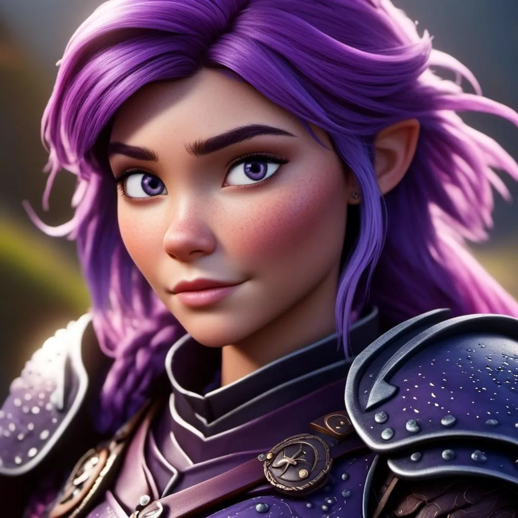 Prompt: <mymodel>CGI Animation of a viking female, purple hair, purple and black gear and armor, intricate details, high quality, digital painting, cool tones, dramatic lighting