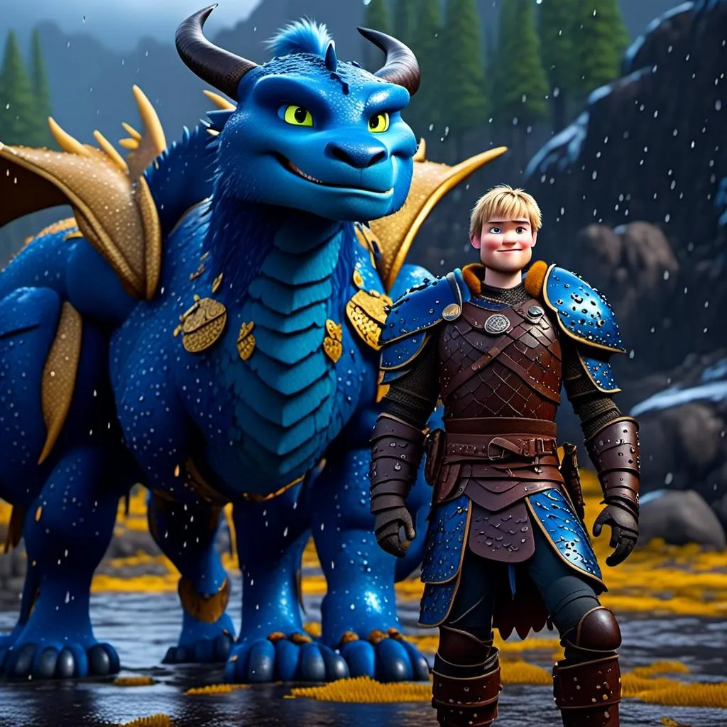 Prompt: <mymodel>CGi Animation, 20-year-old viking man with blue eyes, a rainy scene, he is standing next to a bright blue dragon with gold highlights, they are both in the rain, the viking man has a subtle smile, blonde hair, he has blue gear, gold armor, black pants, black boots