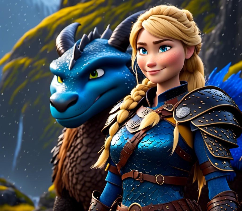 Prompt: <mymodel>CGi Animation, 20-year-old viking woman with blue eyes, a rainy scene, she is standing next to a bright blue dragon with gold highlights, they are both in the rain, the viking woman has a subtle smile, blonde hair in a ponytail style, she has blue gear, gold armor, black pants, black boots