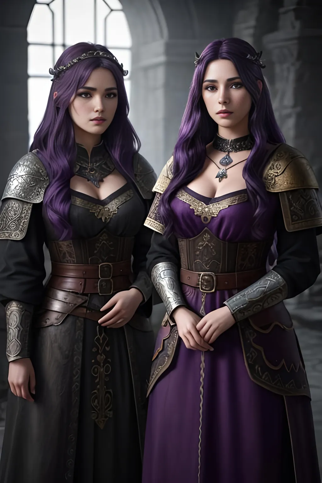 Prompt: create 2 of the most beautiful fictional female viking princesses one with dark purple hair and the other with black hair, an extremely detailed environment, detailed background, intricate, detailed skin, professionally color graded, photorealism, 8k, moody lighting