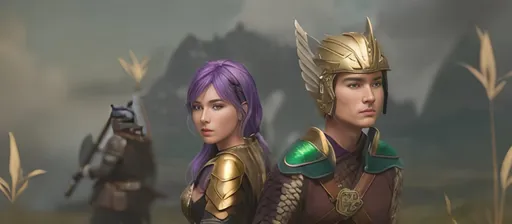 Prompt: create a female and male viking warriors, the female has purple hair and is holding and axe, her gear is black and silver.

The male has short brown hair with a gold helmet and holds a sword, his gear is shades of green with brown leather

They are in a grassy field