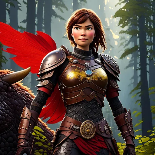 Prompt: <mymodel>CGI Animation of a viking female, brown hair in her face, hazel eyes, bright red gear and light armor, yellow highlights and textures, full light body armor, she has heavy gauntlets on her hands with armored gloves, standing in a dense forest, intricate details, high quality, digital painting, cool tones, dramatic lighting