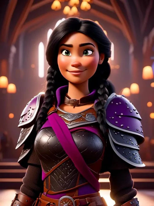 Prompt: <mymodel>CGI Animation, digital art, 20-year-old-old viking woman of royalty standing in The Great Hall on the Isle of Berk, light blue eyes, {{black gear, purple armor}}, black hair, single braid down her shoulder with a tiara, subtle smile, unreal engine 8k octane, 3d lighting, close up camera shot on the face, full armor