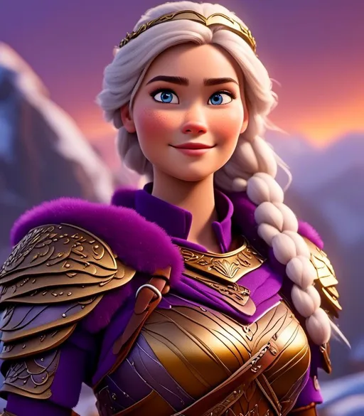 Prompt: <mymodel>CGI Animation, digital art, 20-year-old-old viking woman with light blue eyes, purple clothes, gold colored armor, white hair, single braid down her shoulder with a tiara, subtle smile, unreal engine 8k octane, 3d lighting, close up camera shot on the face, full armor