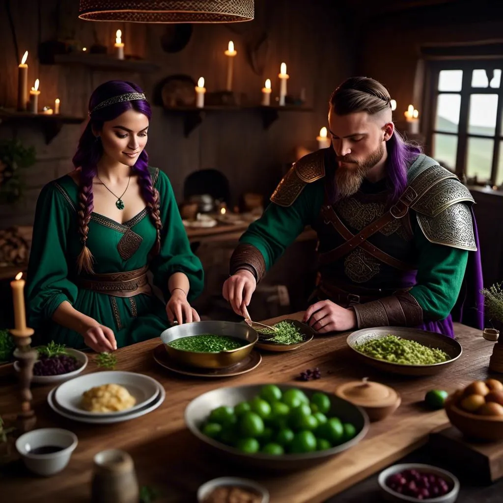 Prompt: Photo of a young <mymodel> setting the supper table with her husband a young Jarl Mollerson with green clothes short brown hair and no beard in their viking house