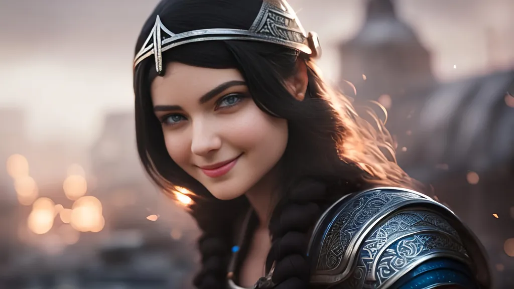 Prompt: she has black hair, create most beautiful fictional female viking warrior, hopeful smile, black hair, light blue eyes, extremely detailed environment, detailed background, intricate, detailed skin, professionally color graded, photorealism, 8k, moody lighting