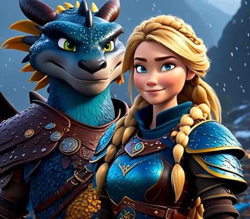 Prompt: <mymodel>CGi Animation, 20-year-old viking woman with blue eyes, a rainy scene, she is standing next to a bright blue dragon with gold highlights, they are both in the rain, the viking woman has a subtle smile, blonde hair in a ponytail style, she has blue gear, gold armor, black pants, black boots