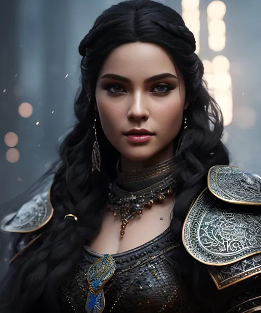 Prompt: she has black hair, create most beautiful fictional female viking princess warrior, black hair, extremely detailed environment, detailed background, intricate, detailed skin, professionally color graded, photorealism, 8k, moody lighting