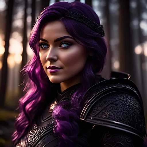 Prompt: <mymodel>25-year-old viking woman, subtle smile, light blue eyes, black gear, bright black armor, black textures and highlights, standing in the shadows of the forest, short focus, blurry background, moonlit scene, unreal engine 8k octane, 3d lighting, full body, full armor