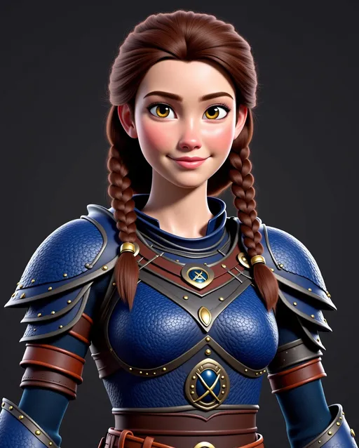 Prompt: Digital art, 18-year-old viking woman, dark brown eyes, subtle smile, blue gear, blue clothes, dark blue armor, blue dragon scales on armor, brunette hair, two braids, unreal engine 8k octane, 3d lighting, full body, full armor