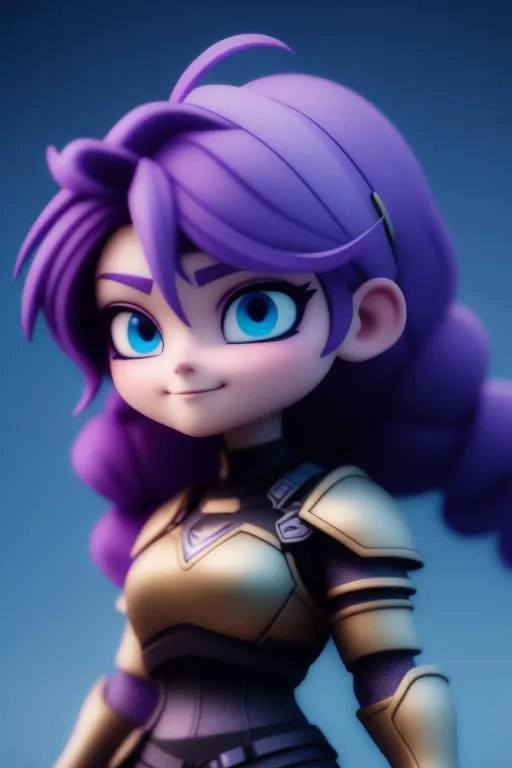 Prompt: Digital art, bright colors, subtle smile, 20-year-old woman viking, dark purple hair, one braid, light blue eyes, cut over left eye to on cheekbone, black gear, gold armor, unreal engine 8k octane, 3d lighting, full body, full armor