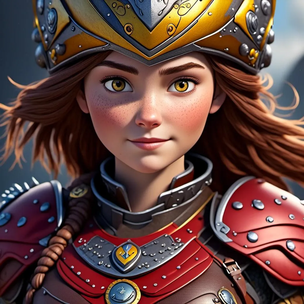 Prompt: <mymodel>CGI Animation of a viking female, brown hair, hazel eyes, bright red gear and armor, yellow highlights and textures, intricate details, high quality, digital painting, cool tones, dramatic lighting