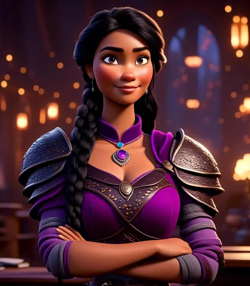 Prompt: <mymodel>CGI Animation, digital art, 20-year-old-old viking woman with light blue eyes, she is standing in her library, she is of royalty, {{black gear, purple armor}}, black hair with purple strands, single braid down her shoulder with a tiara, subtle smile, unreal engine 8k octane, 3d lighting, close up camera shot on the face, full armor