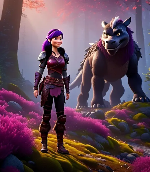 Prompt: <mymodel>CGI Animation, digital art, 20-year-old-old viking woman of royalty standing in a dimly lit thick forest with trees everywhere, dense fog, light blue eyes, {{black gear, purple armor}}, purple hair, single braid down her shoulder with a tiara, subtle smile, a black dragon with metal scales is standing next to the viking, light blue eyes, unreal engine 8k octane, 3d lighting, close up camera shot on the face, full armor