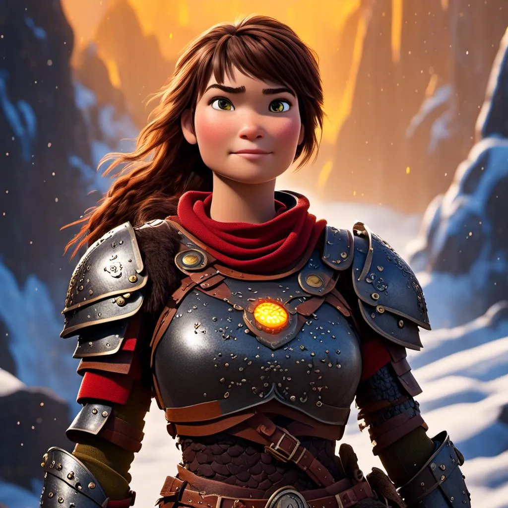 Prompt: <mymodel>CGI Animation of a viking female, brown hair in her face, hazel eyes, bright red gear and light armor, yellow highlights and textures, full light body armor, she has heavy gauntlets on her hands with armored gloves, standing in a viking village, intricate details, high quality, digital painting, cool tones, dramatic lighting