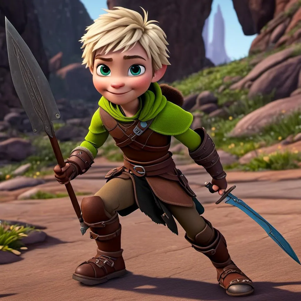 Prompt: <mymodel>CGI Animation, sinister viking boy, 18-year-old, chaotic evil, blonde short messy hair, no facial hair, neon green bandana scarf, dark brown, dark brown long-sleeve shirt, pants, leather armor, two daggers, dozen throwing knives